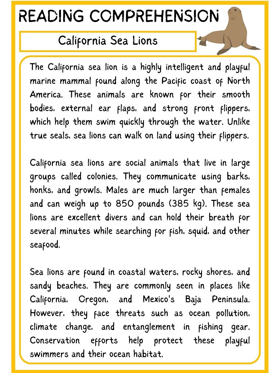 CALIFORNIA SEA LION READING COMPREHENSION PDF product image (2)