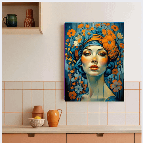 Wall Art Print Woman Portrait with Flowers Modern Art Deco Vibrant Artwork Orange Blue Floral product image (1)
