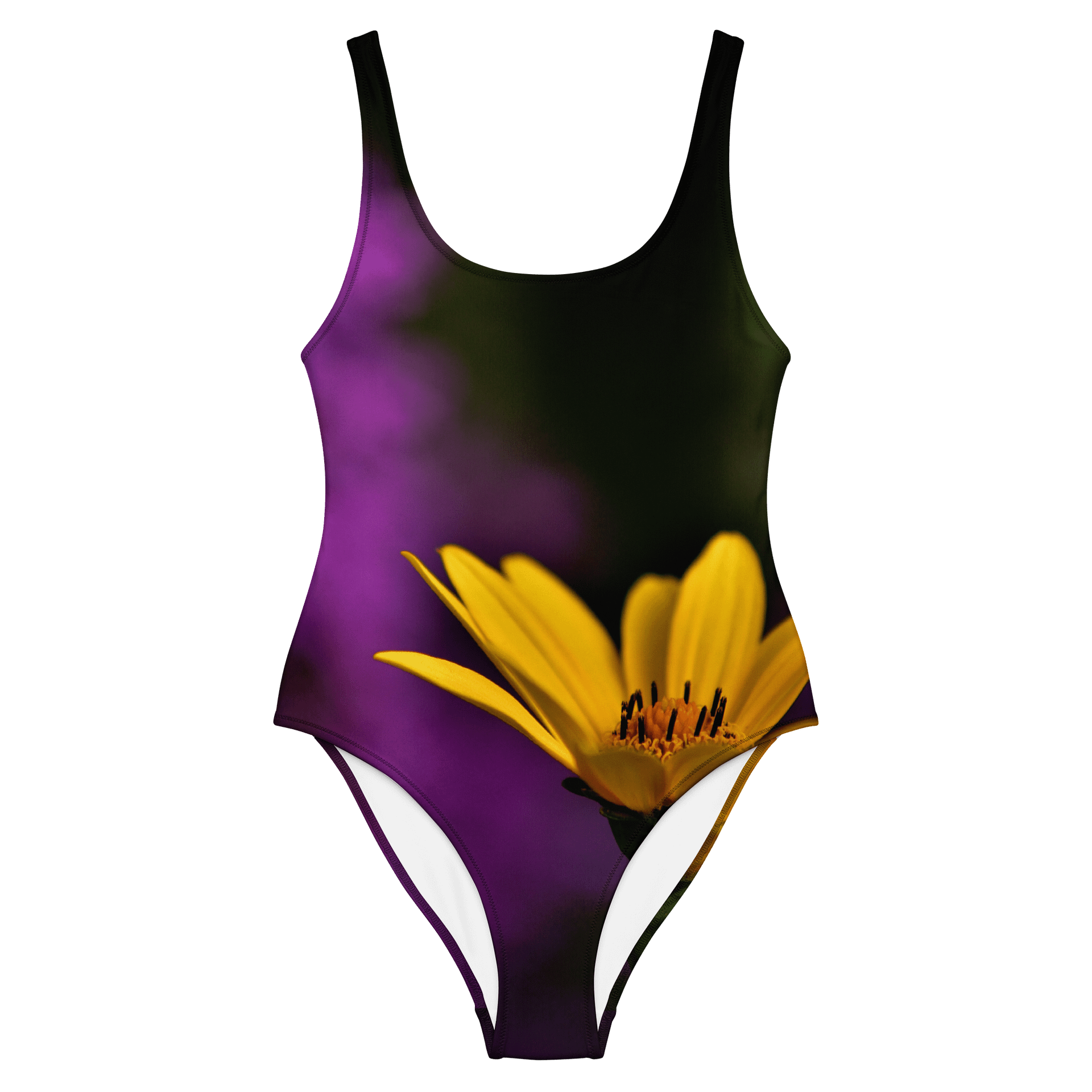 Badeanzug - Leuchtend gelbe Blüte vor violettem Hintergrund product image (2)