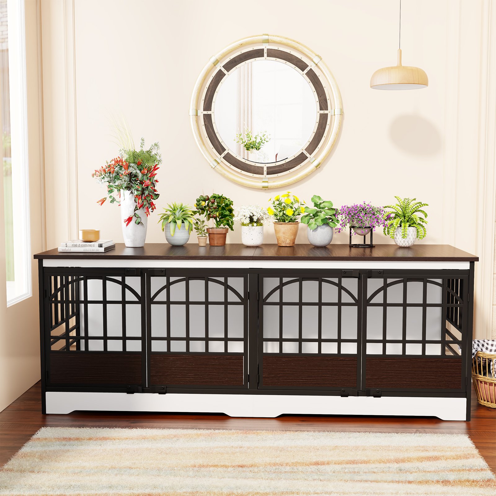 86 Inch Double Dog Crate Furniture for 2 Large Dogs, Decorative Dog Kennel Indoor TV Stand, Heavy Duty Wooden Dog Cage for Large Medium Dogs Sized Dog Pet House with Divider (White) product image (9)