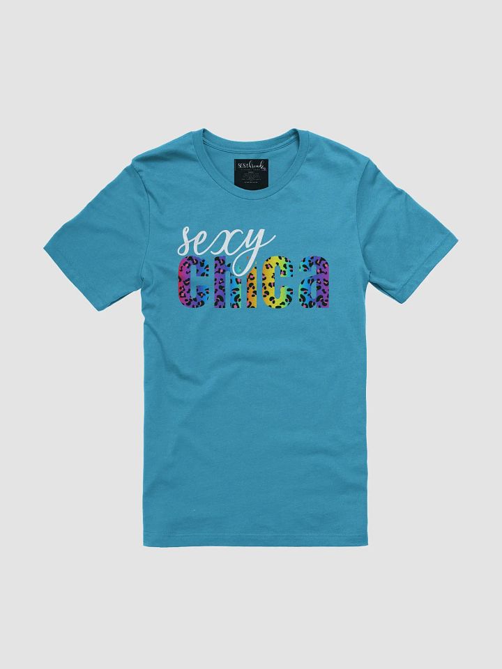 Sexy Chica T-Shirt; White with Bright Rainbow Leopard Pattern product image (2)