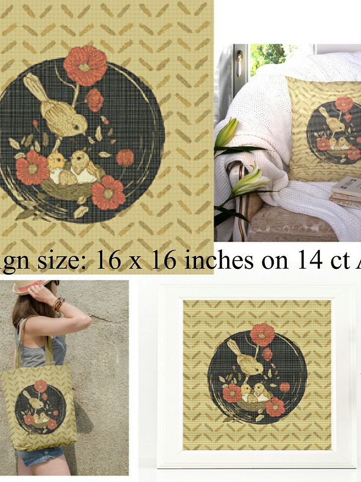 Lovely Printable Cross Stitch Pattern of Mother Bird and Babies in Nest with Floral Accents Earth Tones Red Flowers product image (1)