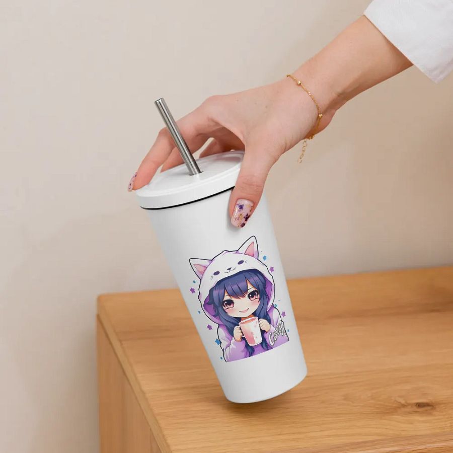 Cozy Kawaii Anime Girl 20 oz Tumbler Cup - White - Insulated Tumbler with a Straw product image (6)