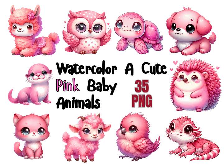 Watercolor A Cute Pink Baby Animals PNG, Clipart, Instant Download, Transparent Animals Bundle, Cute  Pets Clipart, Watercolor PNG Bundle product image (1)