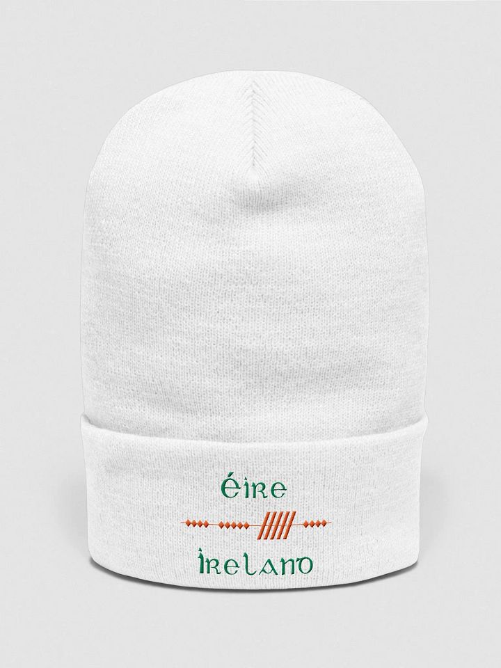Ireland/Éire Scholastic style Ogham, White with Green and Orange, embroidered Cuffed Beanie product image (1)