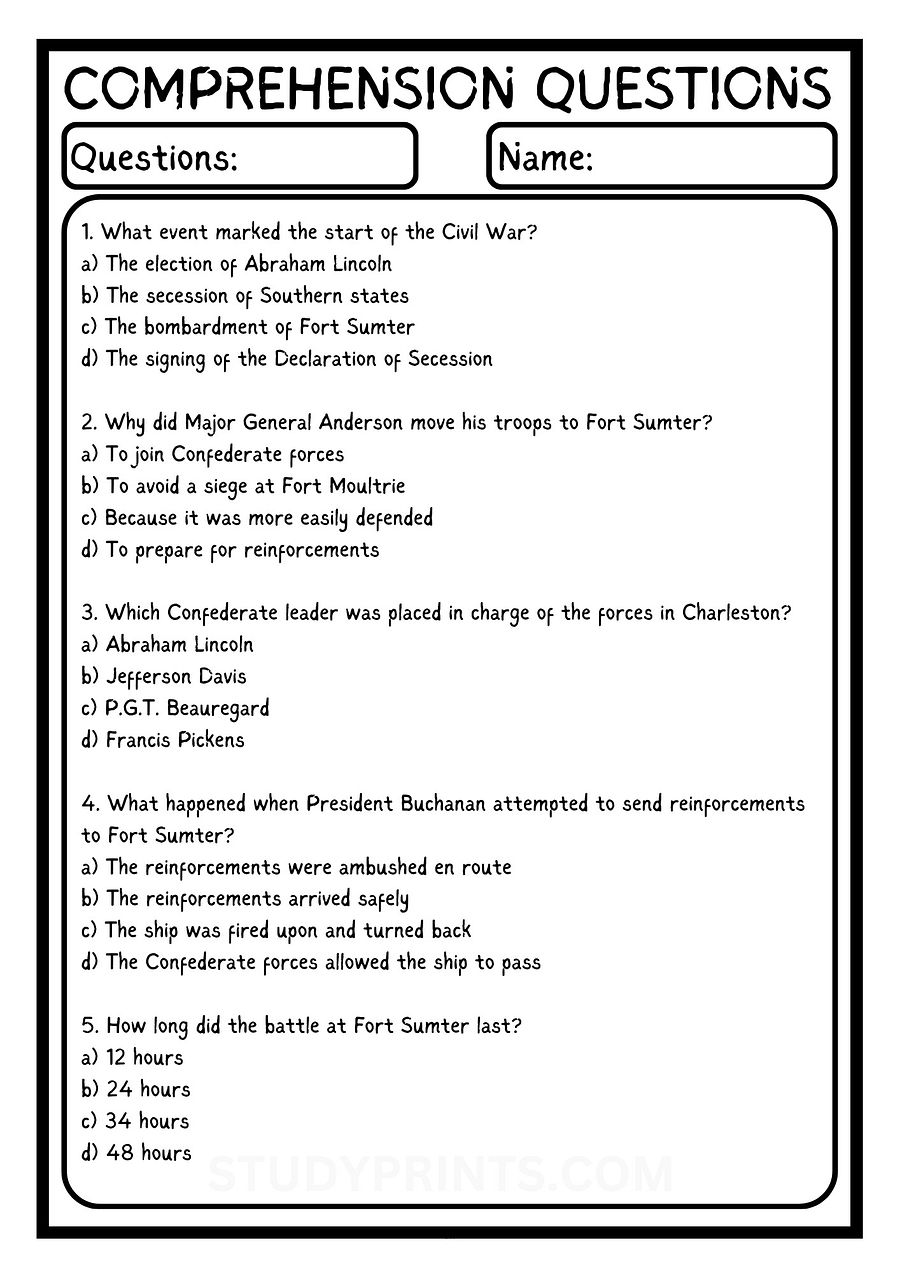 Fort Sumter Reading COMPREHENSION WORKSHEET WITH 5 QUESTIONS PDF product image (3)