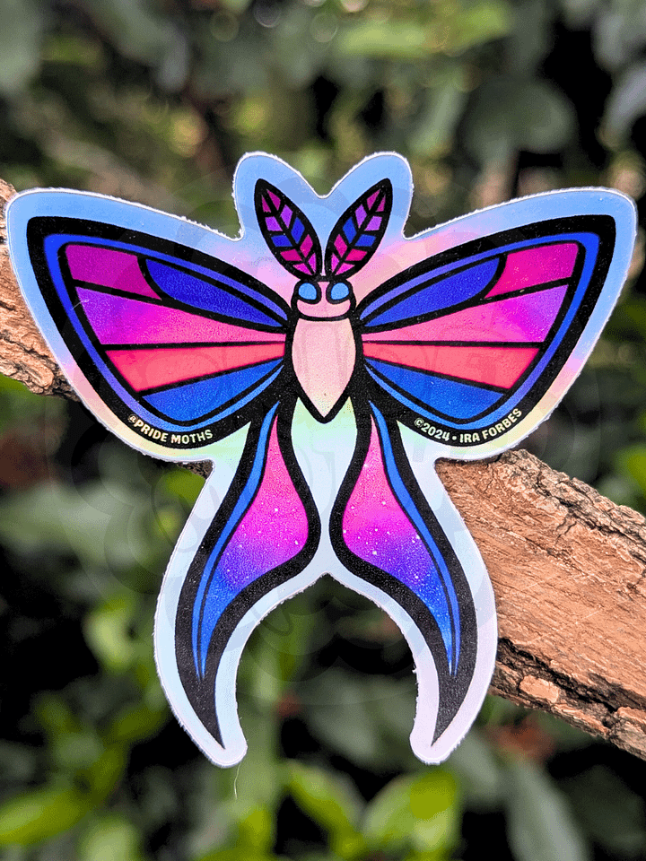 Bisexual Pride Moth | Holographic Stickers | 3x3 in. | Die Cut Vinyl | Shiny Holo Decal product image (1)