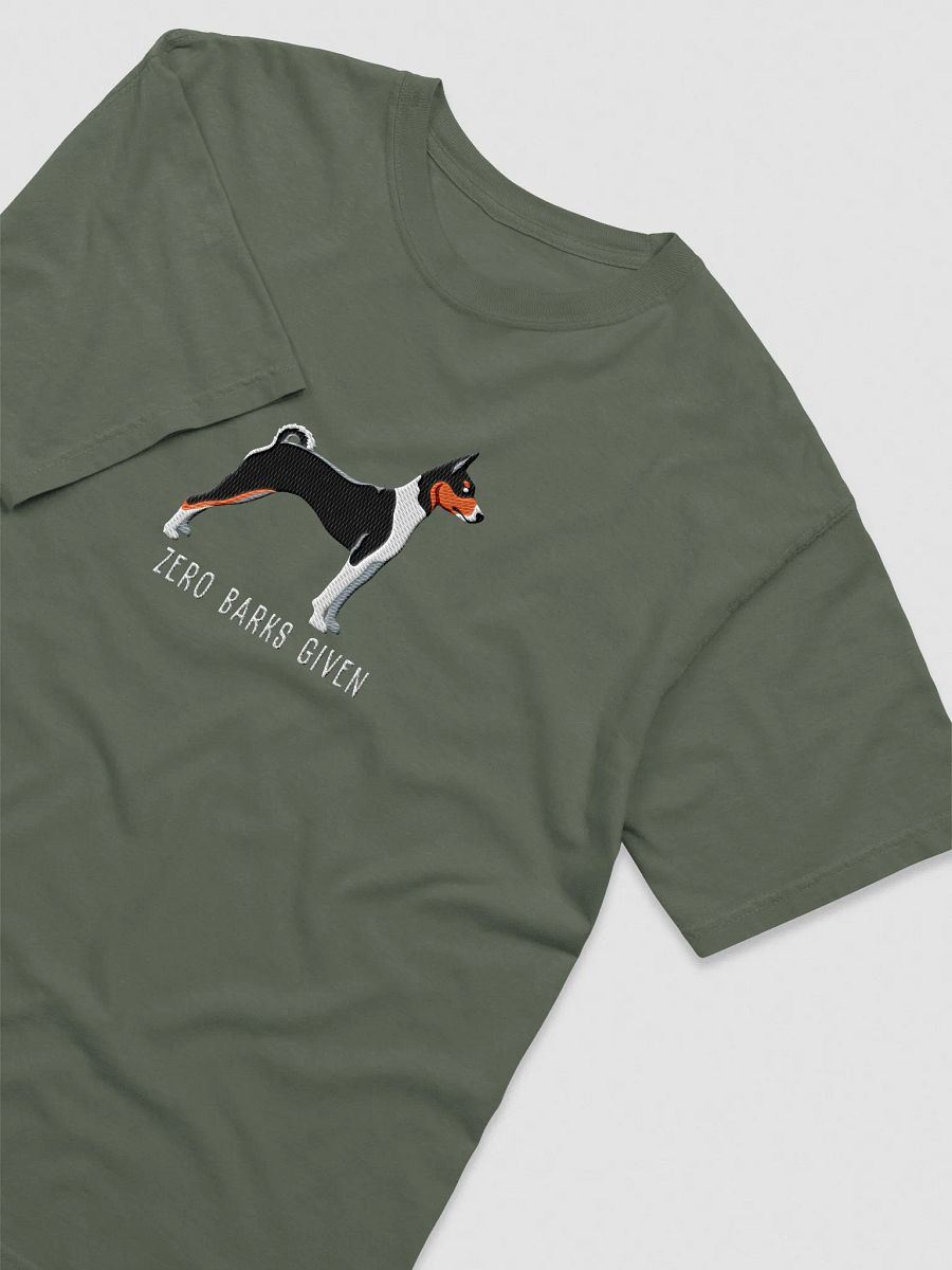 Zero Barks Given T-Shirt(Embroidered) of a Basenji(Tricolor) product image (11)