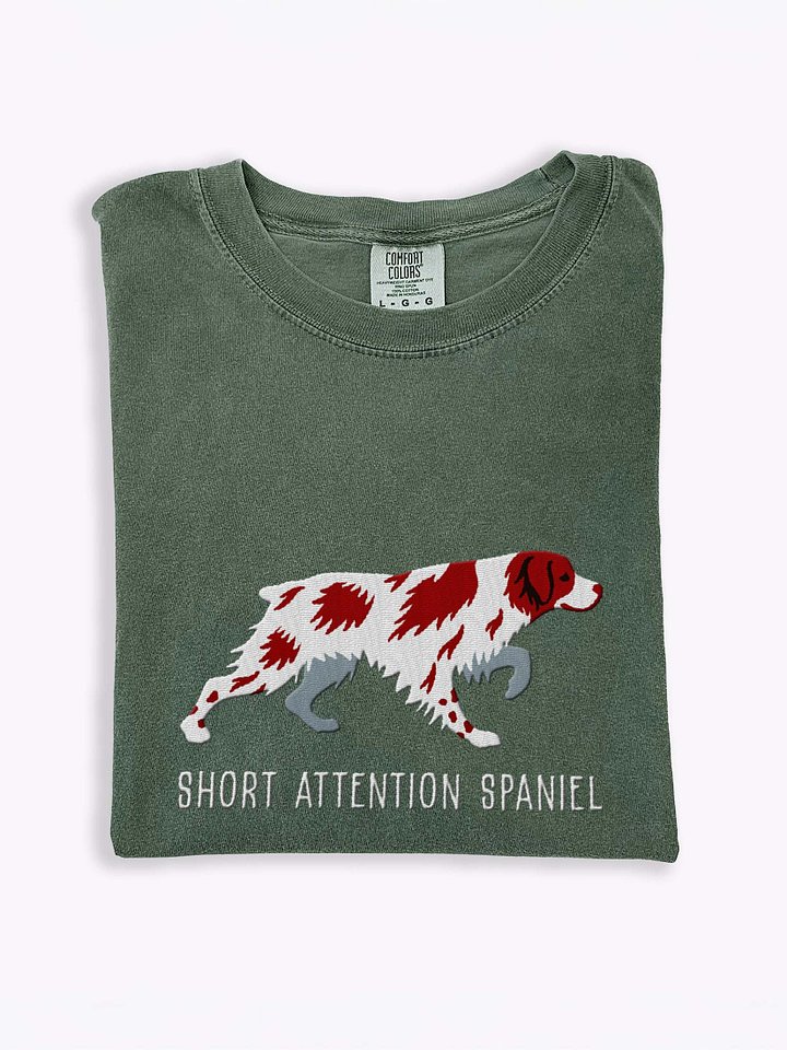 Short Attention Spaniel T-Shirt(Embroidered) of a Brittany Spaniel(Liver & White) product image (1)