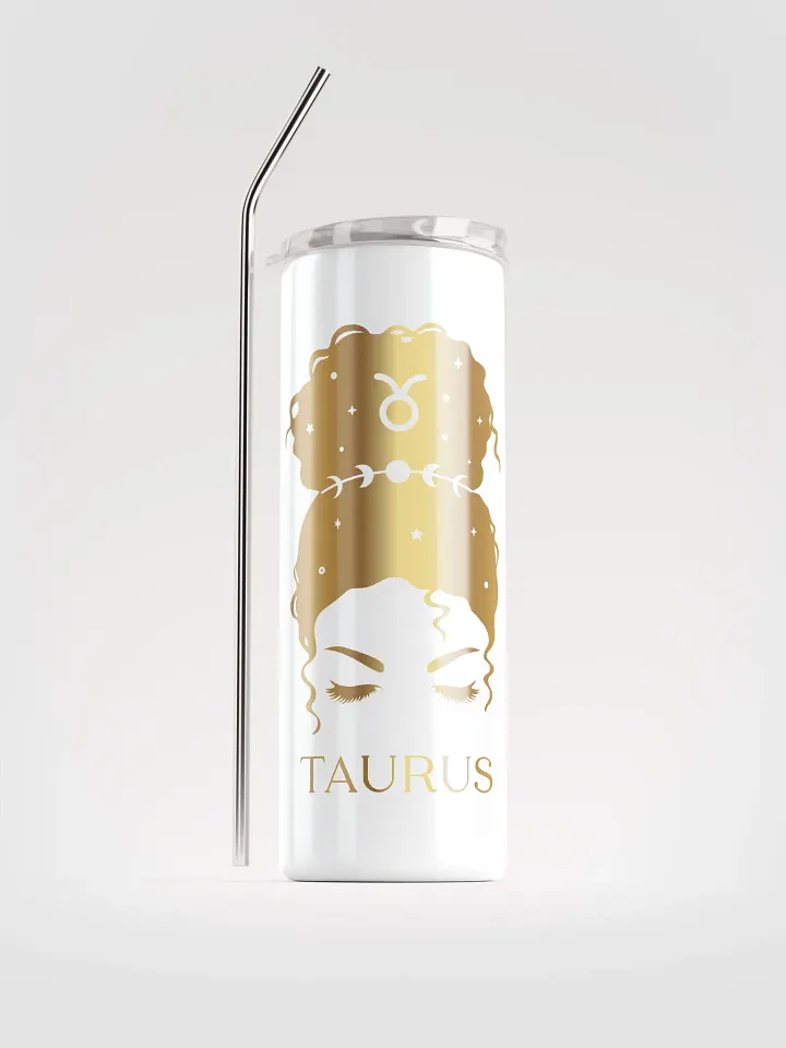 Chic & Celestial: White Taurus Steel Tumbler with Golden Messy Bun Design product image (1)