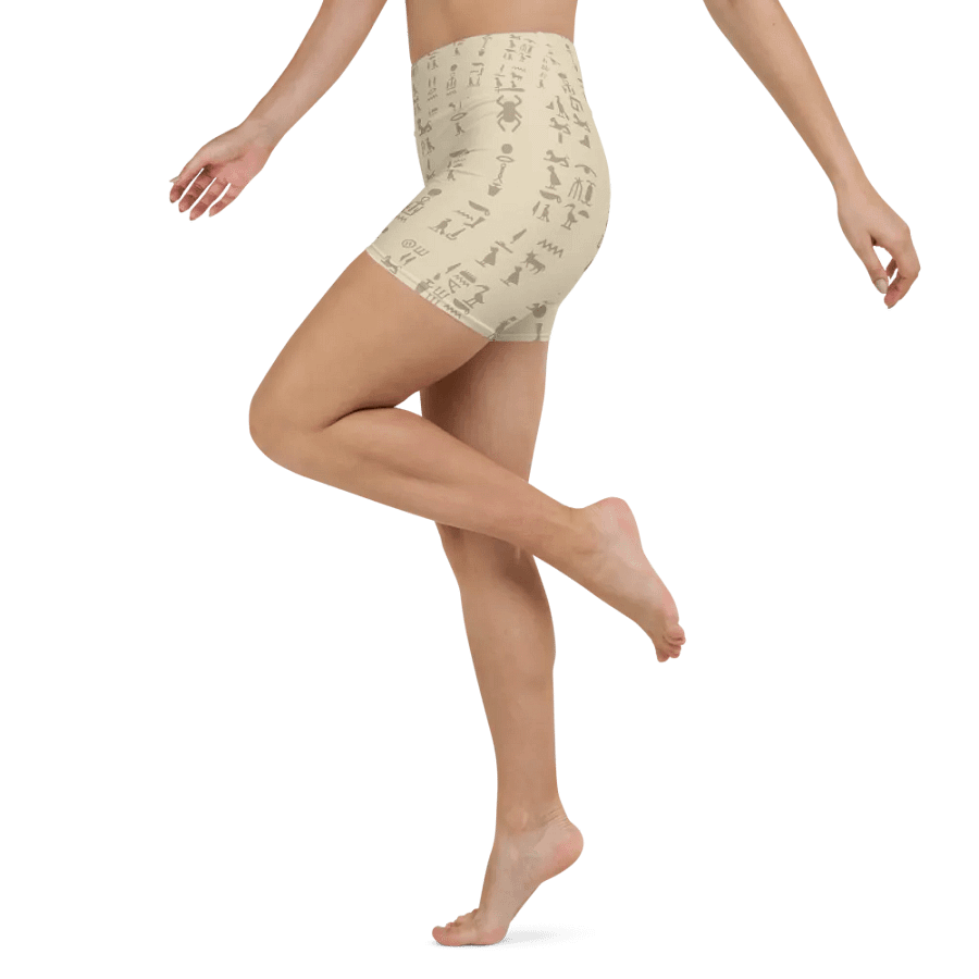 Isis Beige Hieroglyphs Detail All-Over Yoga Shorts product image (4)