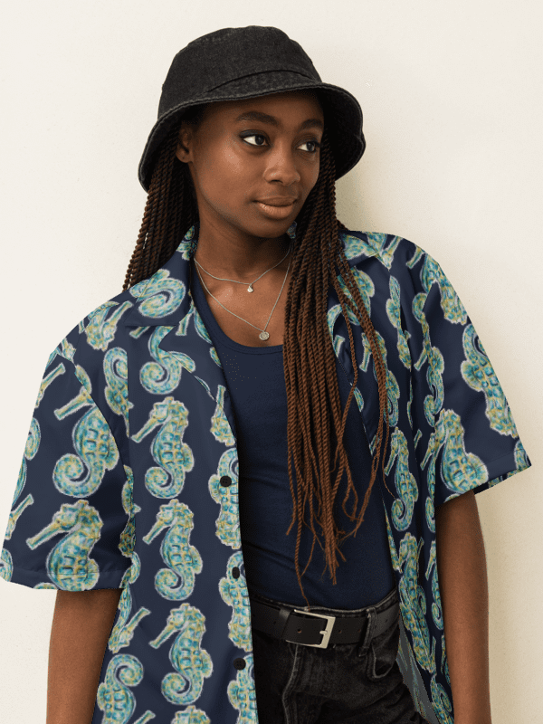 Women's | Ocean Majesty | Painted Seahorses on Navy | Hawaiian Shirt | Coastal Cool & Bold Hues product image (1)