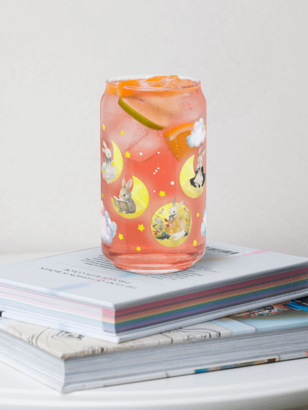 Bunny on the Moon Glass Sipper Can with Bamboo Lid & Straw – 16 oz | Whimsical Rabbit-Themed Can Glass | Cute Moon & Stars Design | Perfect for Iced Coffee, Smoothies, and More product image (6)