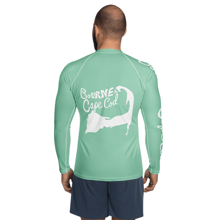 BRN.2C.C.™ /BOURNE to Cape Cod™ | Men’s Long Sleeve Rash Guard | UPF 50+ Active Coastal Shirt | White Logos on Vista Blue Green product image (2)