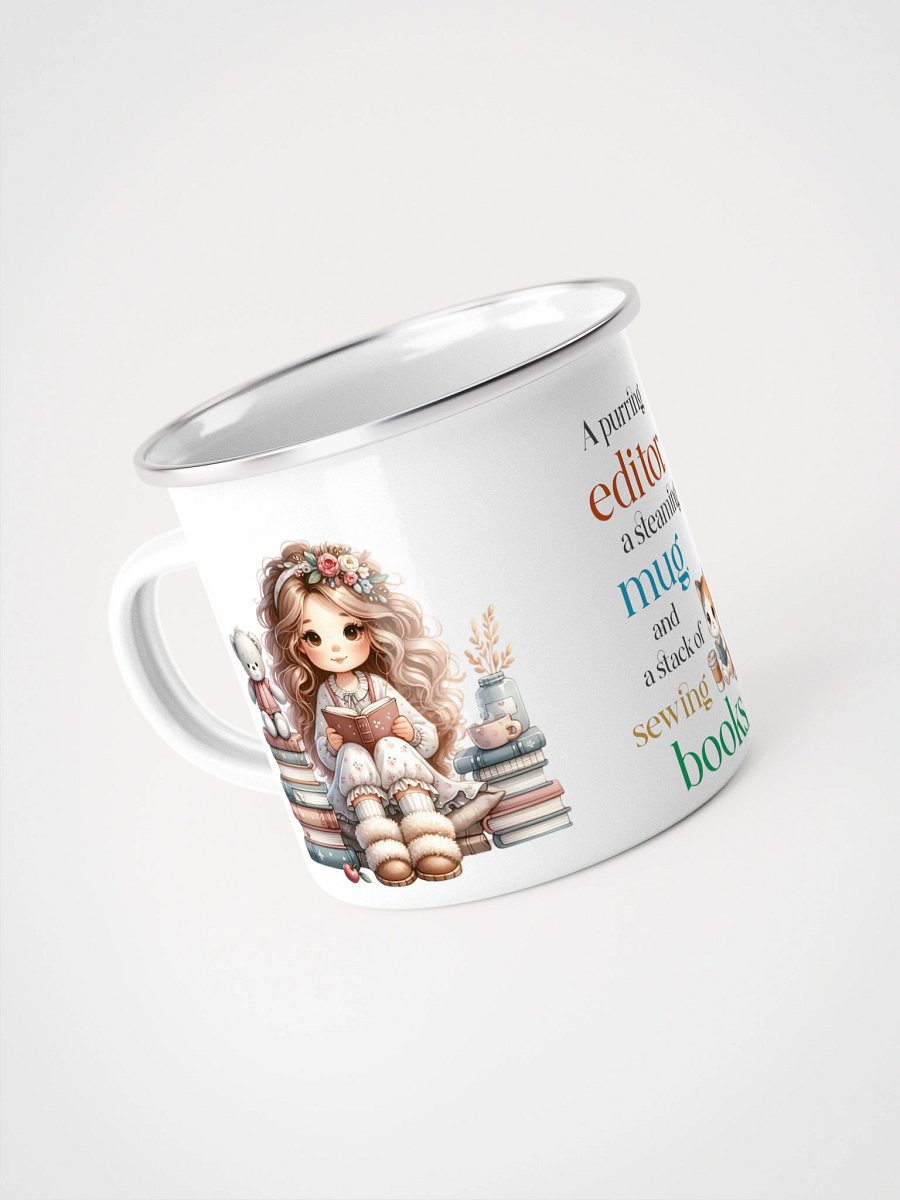 “A Purring Editor” Enamel Mug – Cute Cat, Coffee & Sewing Book Quote Gift product image (4)
