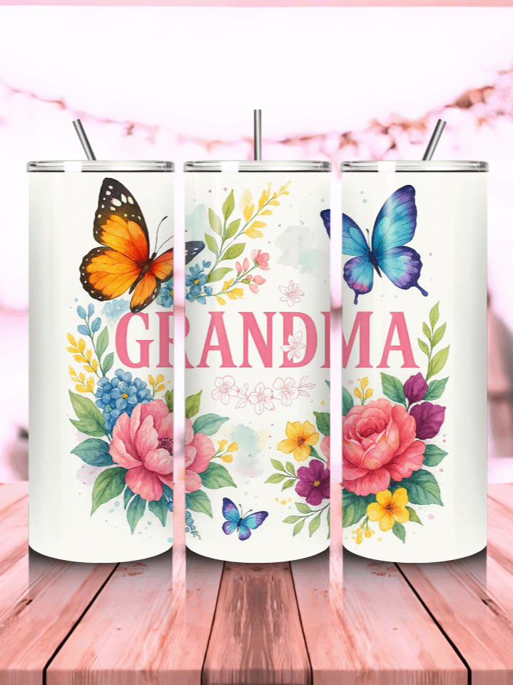 Grandma 20oz Skinny Tumbler Wrap PNG – Sublimation Design with Colorful Flowers & Delicate Butterflies – Perfect Gift for Grandmothers – 300 DPI Instant Digital Download product image (1)