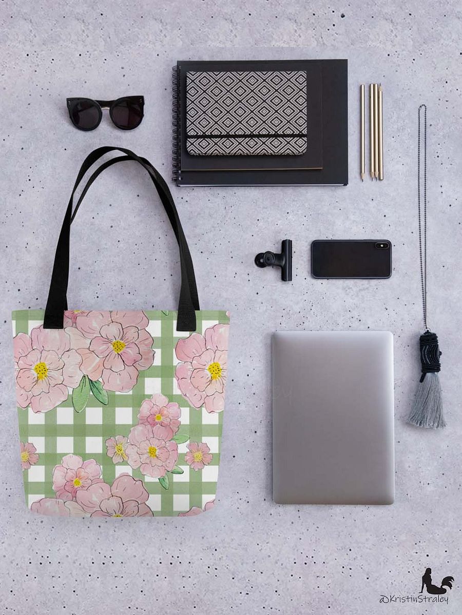 Gingham Blossoms - Lg Pink Flowers on Green Gingham product image (4)