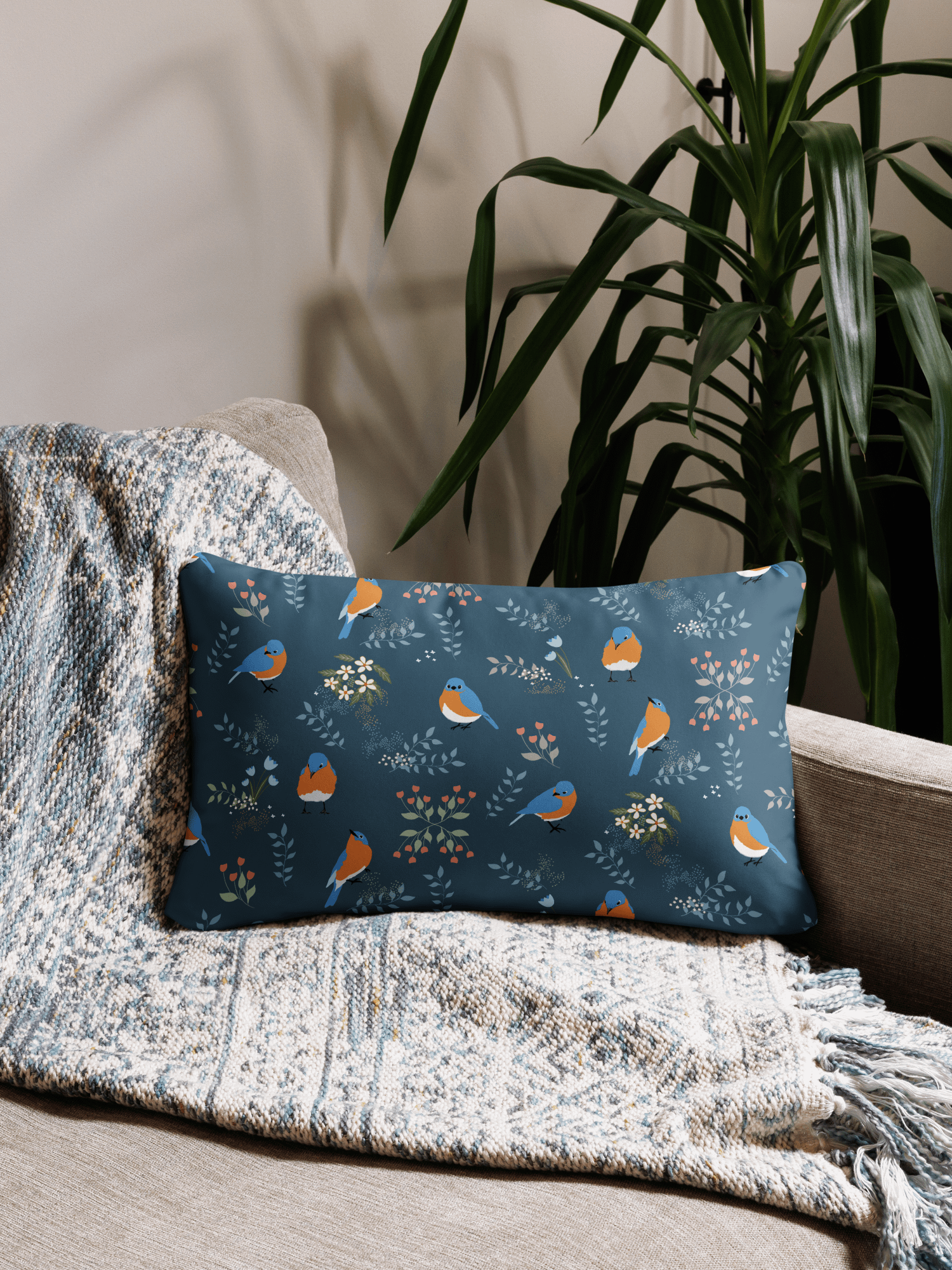 “Best of Both Worlds” Bluebirds & Flowers Pillow in Blue product image (3)