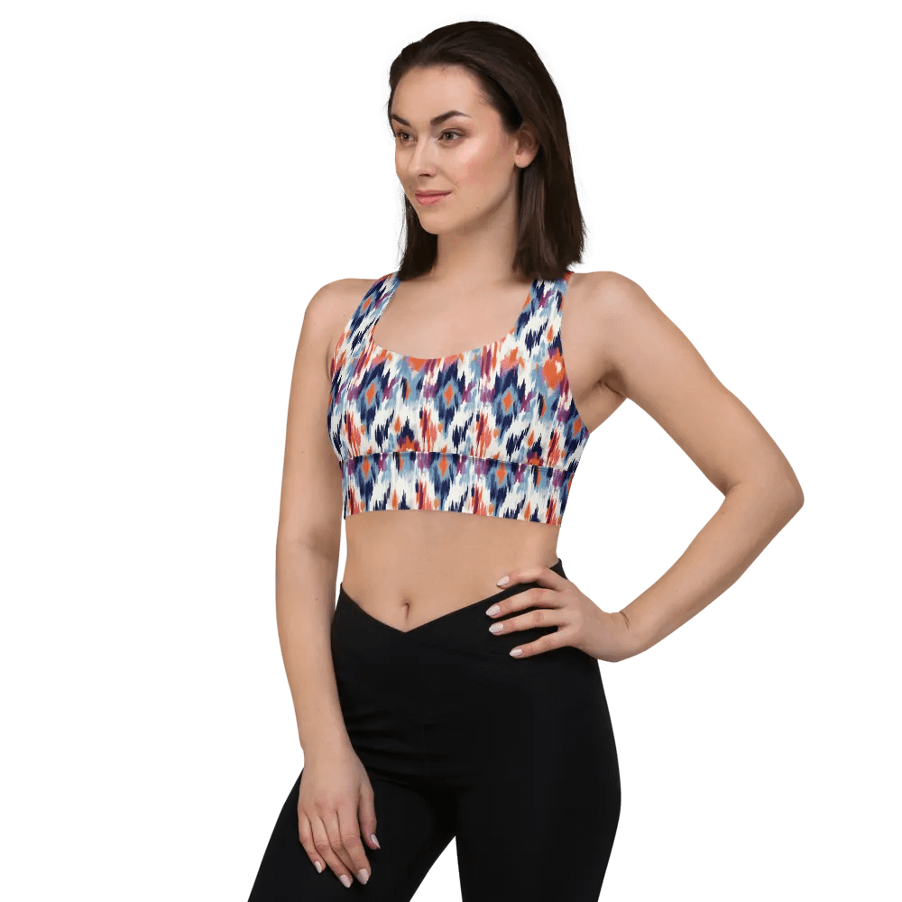 Abstract Ikat Blue Longline Sports Bra product image (2)