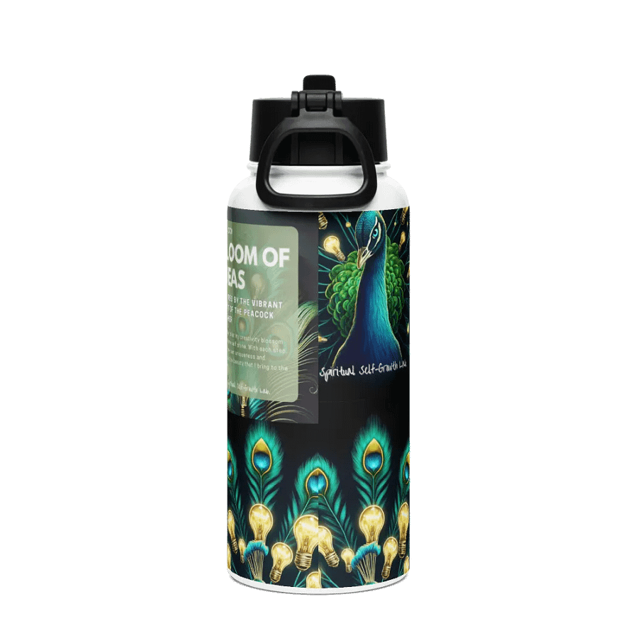 "Bloom of Ideas" – Illuminated Peacock Feather Stainless Steel Water Bottle for Spiritual Growth and Inspired Reflection Black product image (2)