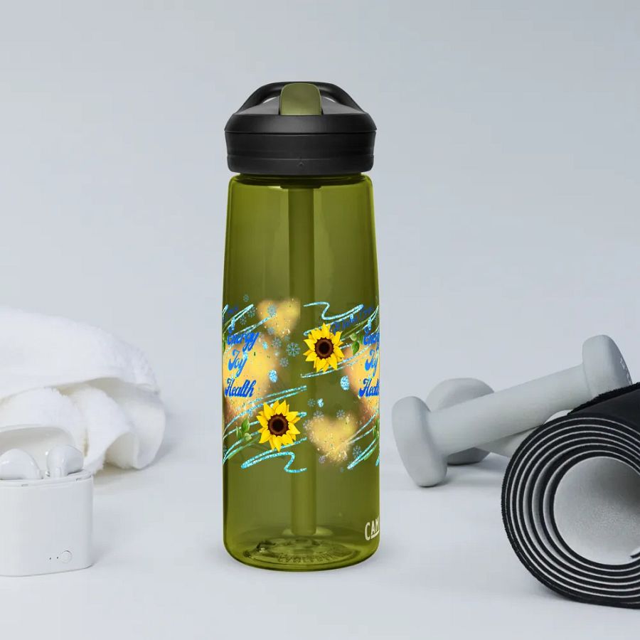Camelback water bottle   with beautiful sunflowerr blue water drops  featuring ' This water gives Harmony in Body and Mind