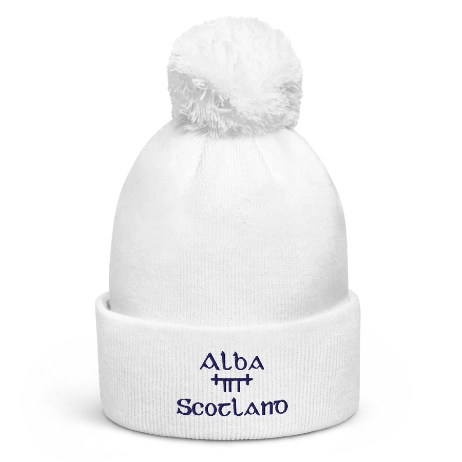Scotland/Alba Orthodox style Ogham, white with navy, embroidered Pom-Pom Beanie product image (1)