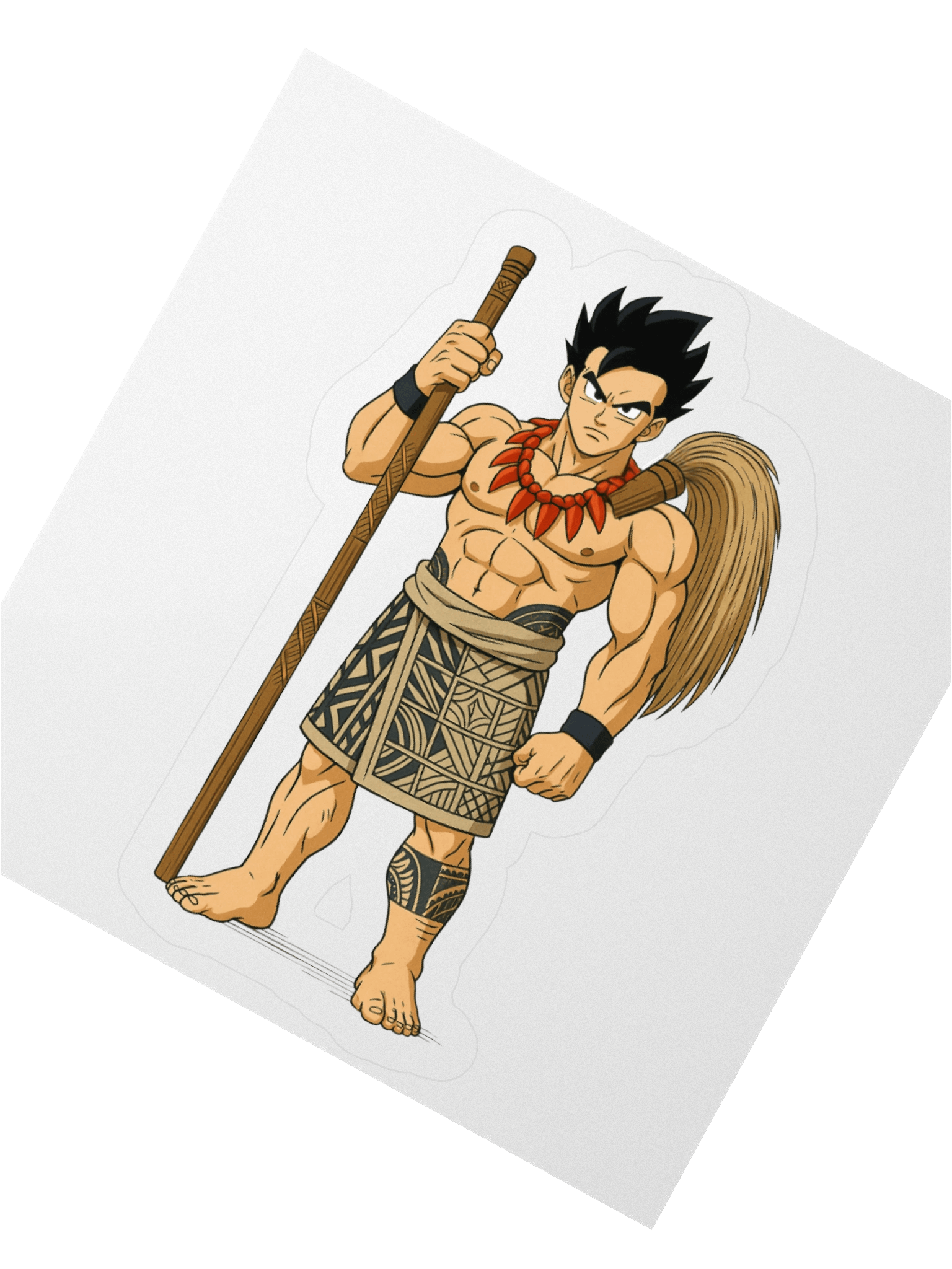 Anime-Inspired Samoan Matai Warrior Kiss-Cut Sticker – Polynesian Pe‘a Tattoo & Fue Design product image (6)