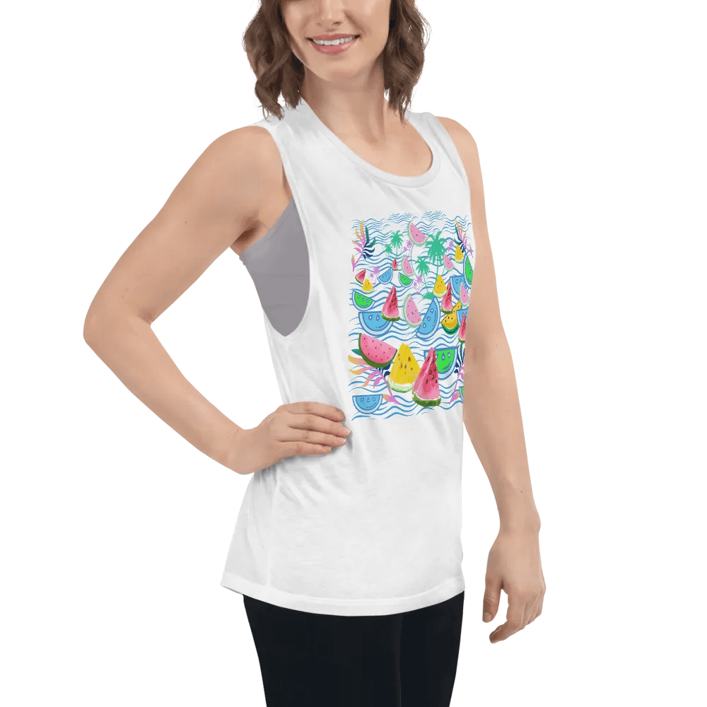 Ladies flowy muscle tank with fun tropical watermelon design for holiday vibe in summery colors product image (7)