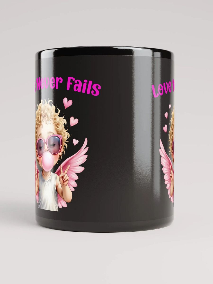 Love Never Fails Valentine Retro Cupid Valentine's Day Black Glossy Mug product image (6)