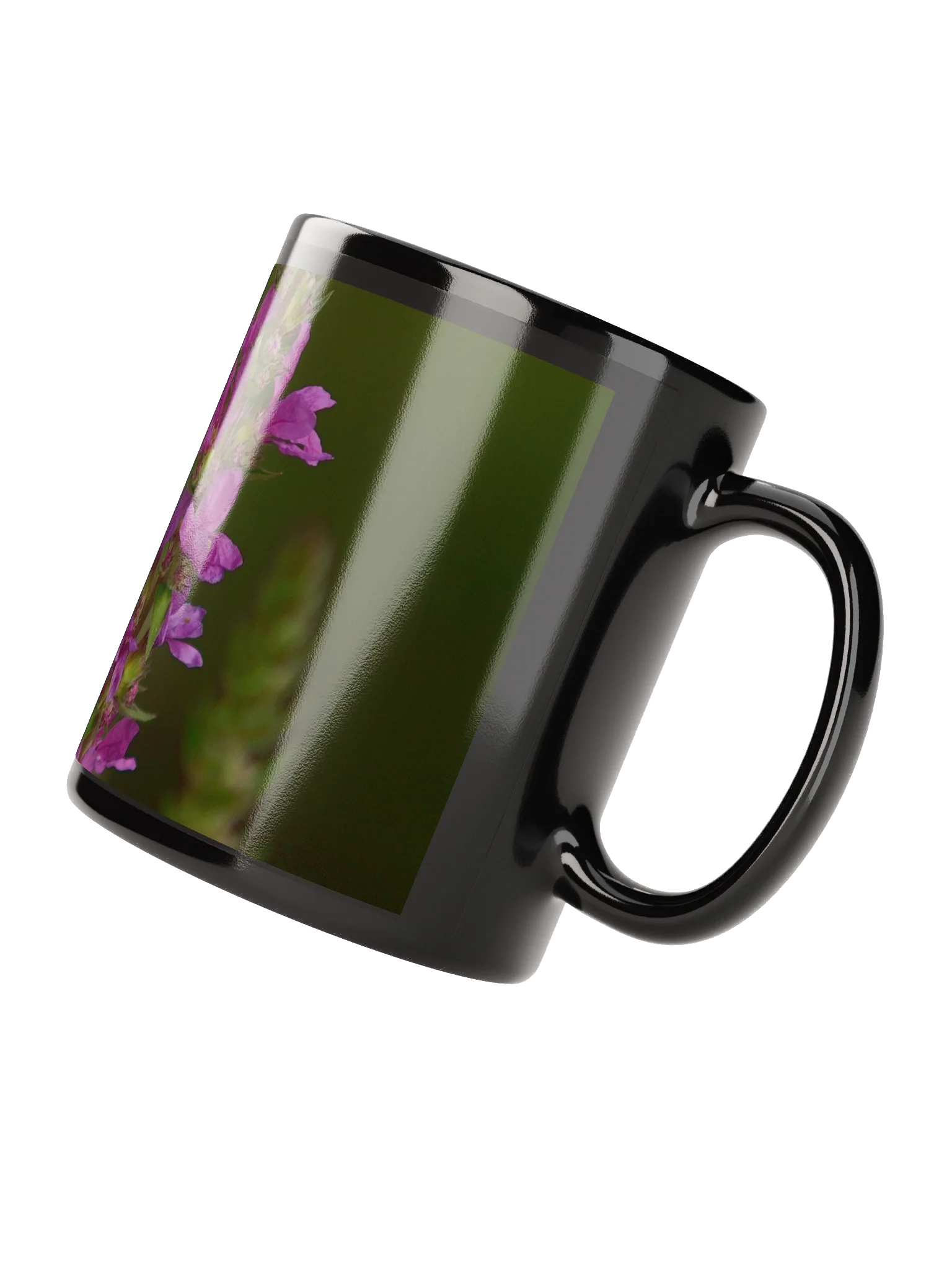 Keramiktasse schwarz - Violette Blüten vor dunklem Hintergrund product image (2)