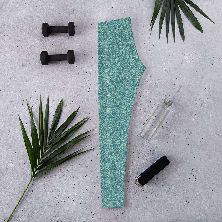 comfortable leggings in soft light teal   with white paisley  design for those that  like paisley pattern elements. product image (2)