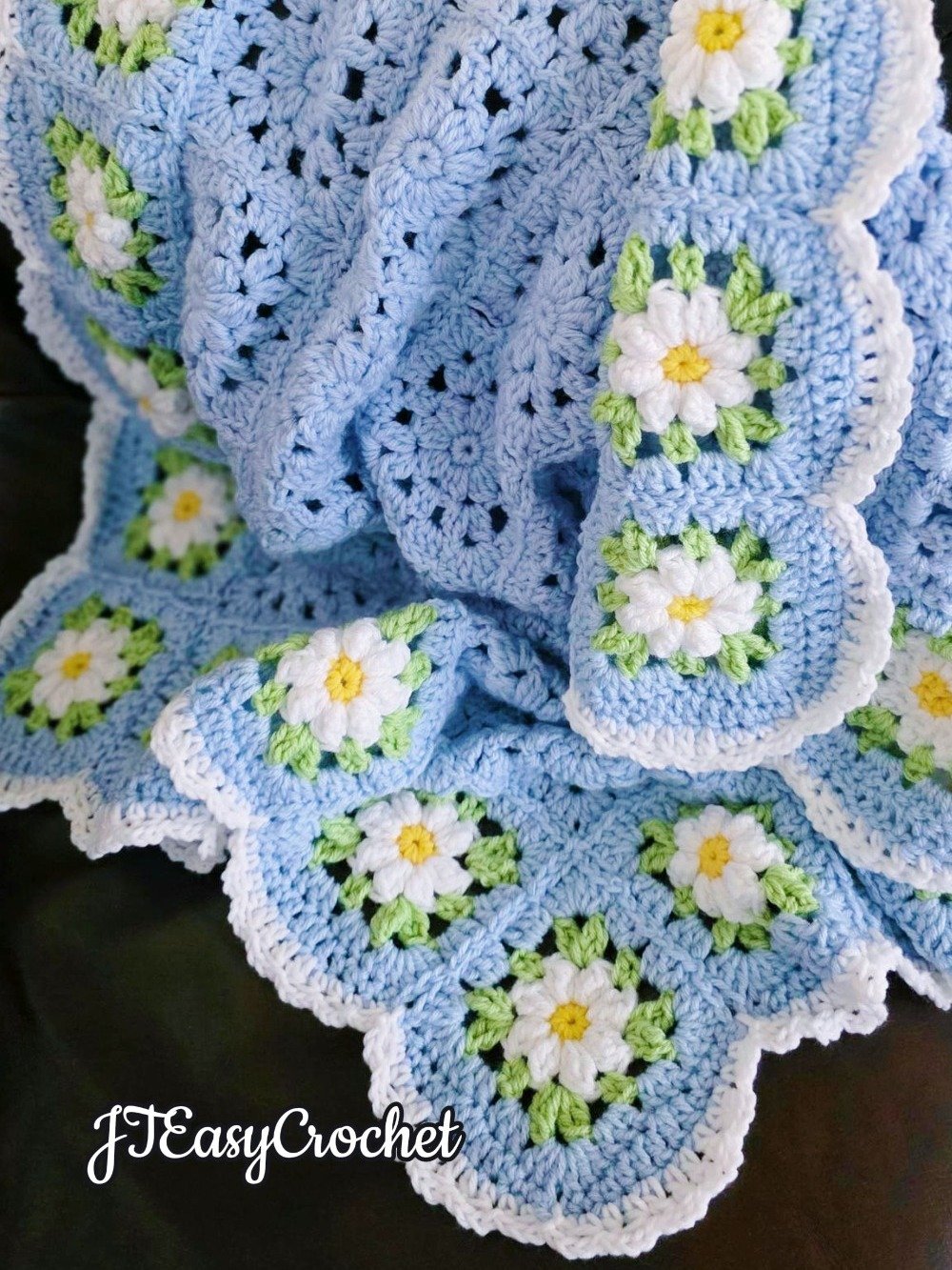 Easy Crochet Pattern & VIDEO, Blue Flower Granny Square Blanket With Daisy Border product image (7)