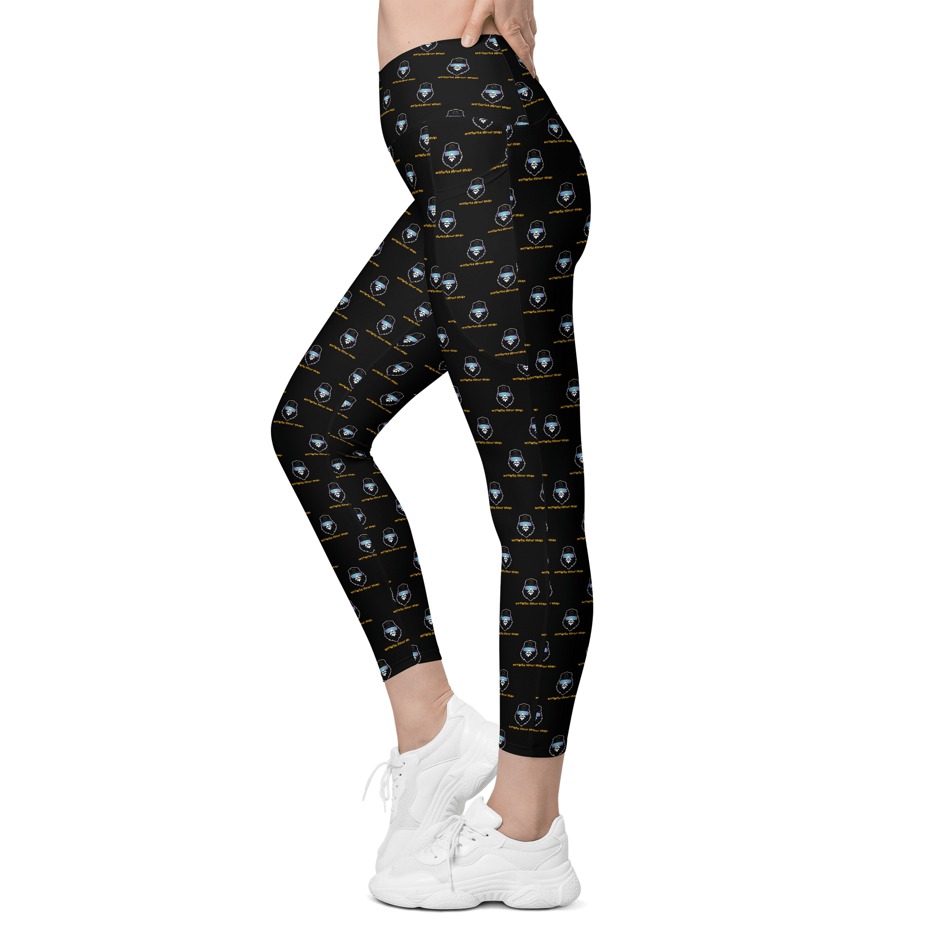 Synthsquatch Fitness Bigfoot Monogram Logo All-Over Print Crossover Leggings With Pockets (Black) product image (4)