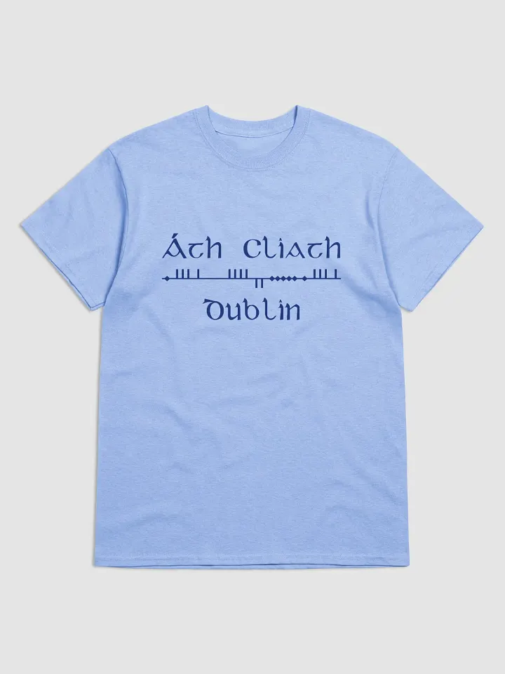 Dublin/Áth Cliath Scholastic style Ogham, light blue with navy, printed T-shirt product image (1)