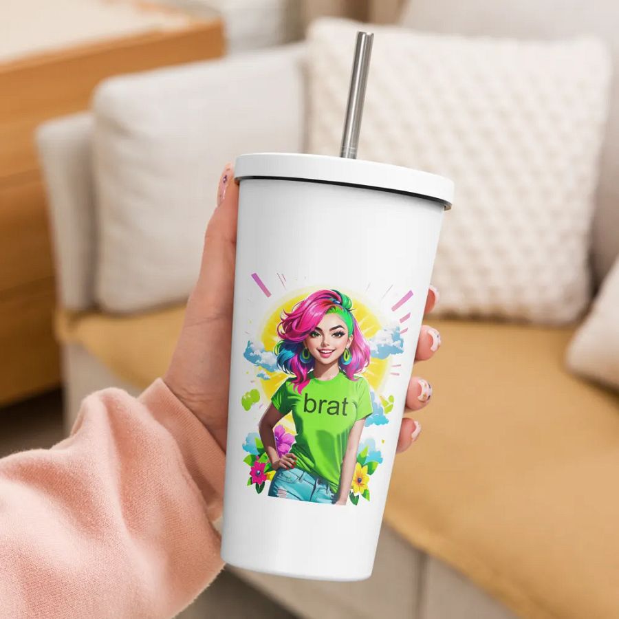 Brat 20 oz Tumbler Cup - White - Insulated Tumbler with a Straw v5 product image (3)