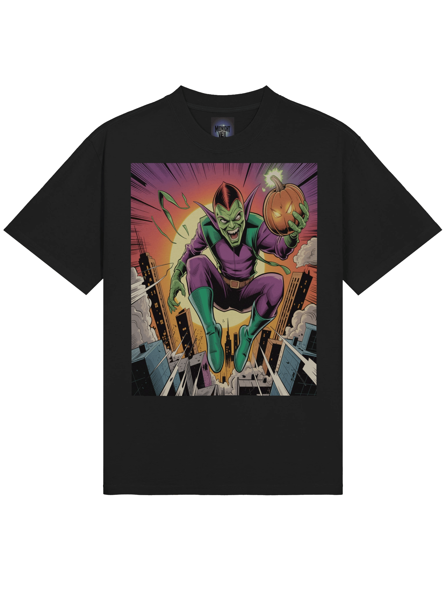 Green Goblin Sunset Siege Oversized Faded T-Shirt – Pumpkin Bomb Twilight Terror product image (5)