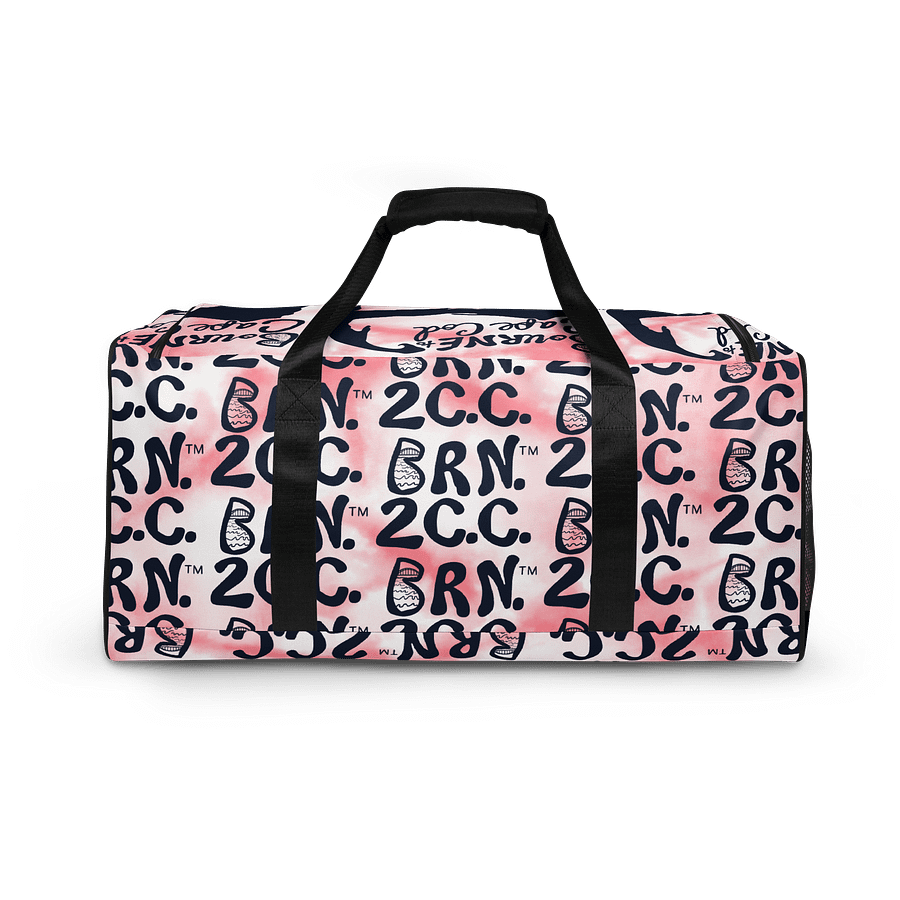BOURNE to Cape Cod™ | Duffle Bag | BRN.2C.C.™ | Coastal Gym & Travel Gear | 22" All-Over Print Weekender | Navy Blue Logos on Pink Tie-Dye product image (4)