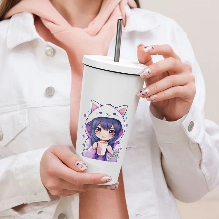 Cozy Kawaii Anime Girl 20 oz Tumbler Cup - White - Insulated Tumbler with a Straw product image (2)