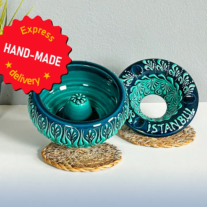 Ceramic ashtray, turquoise/green/emerald — handmade pottery product image (1)