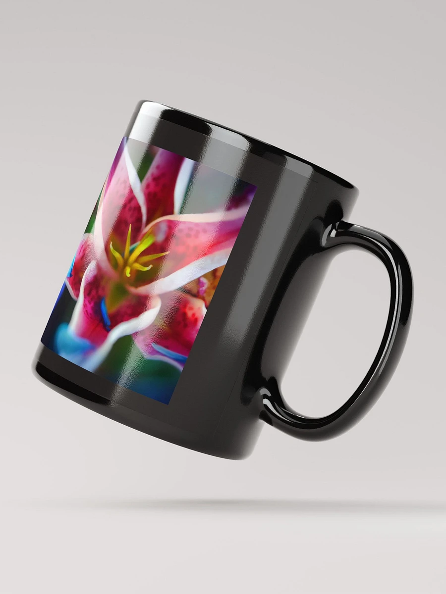 Blue Petals on a Pink and White Lily Black Coffee Mug product image (2)