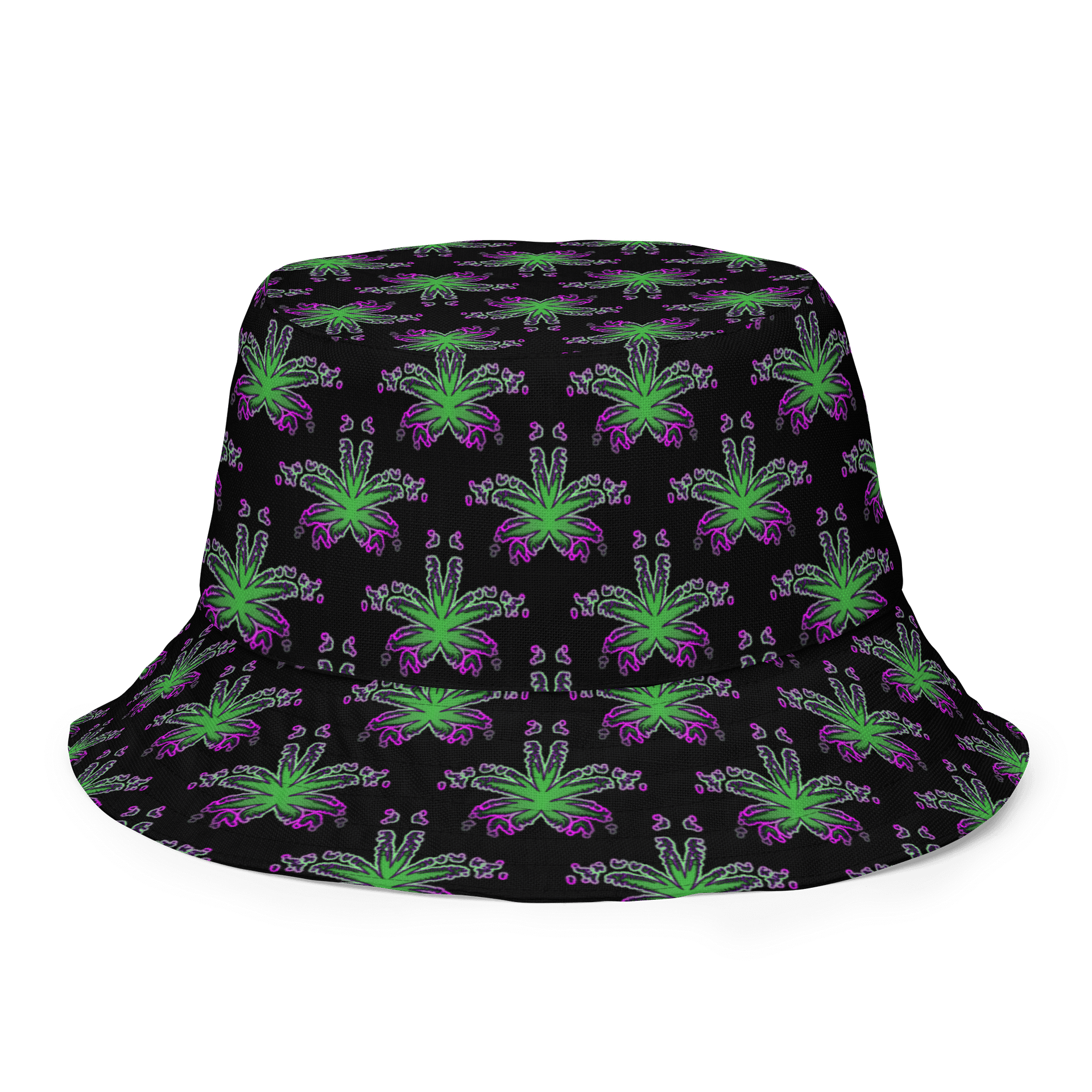 Twisted Weed Leaf Pattern Bucket Hat, Summer Stoner Style Accessory, Green Purple Black Cannabis Fashion product image (4)