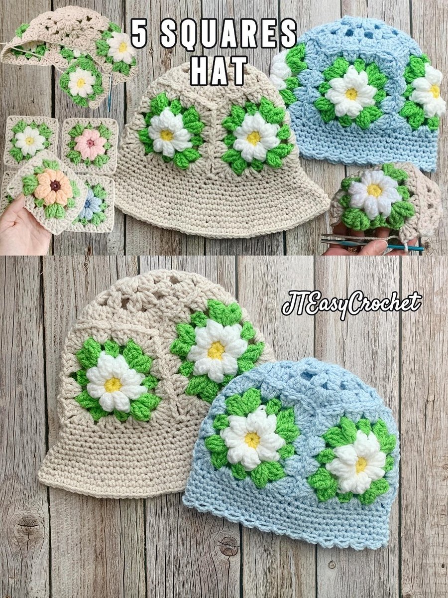 Granny Square Hat Crochet Pattern and VIDEO Sun Hat Beanie Bucket Hat With Brim product image (5)