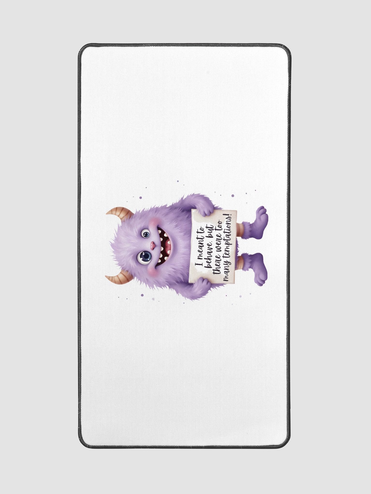 Purple Monster Desk Mat | "Too Many Temptations" Funny Office Décor | Sarcastic Workspace Mousepad product image (2)