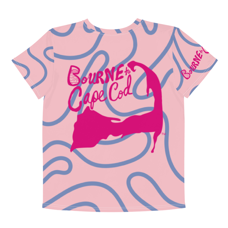 🦩YOUTH | Girls’ | BOURNE to Cape Cod™ | Logo Tee – All-Over Print | BRN.2C.C.™ | Coastal Cutie Vibes💖 | Pink Logo on Purple Squiggles on Pink product image (2)