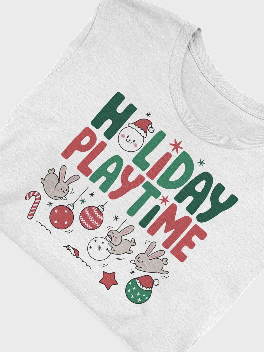 “HOLIDAY PLAYTIME” t-shirt, Holiday-themed shirt, Playful rabbit graphic, Cheerful holiday message, Perfect for holiday gatherings, Fun gift idea for the season, Spread joy and inspiration, gift idea product image (5)