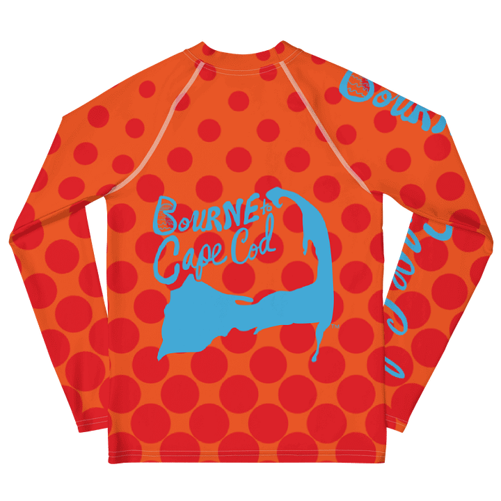YOUTH | Rash Guard | BRN.2C.C.™ Front Graphic | BOURNE to Cape Cod™ Sleeve & Back Logo | Coastal Swim Shirt for Kids | UV Protection Activewear | Blue Logo on Orange Dots product image (2)