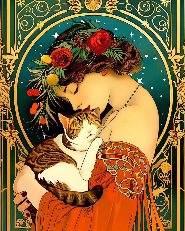 Eternal Embrace: Lady and Feline in Mucha-Inspired Art Nouveau Matte Poster product image (1)