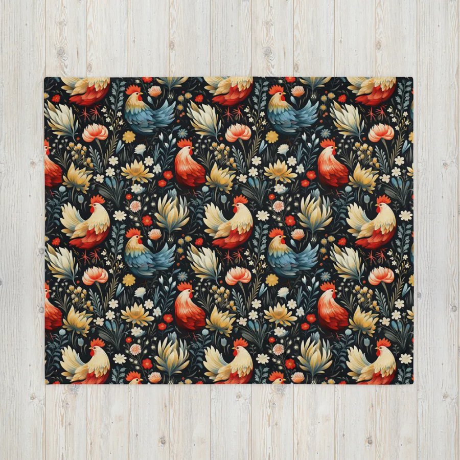 Floral Rooster Blanket - Blue & Red product image (3)