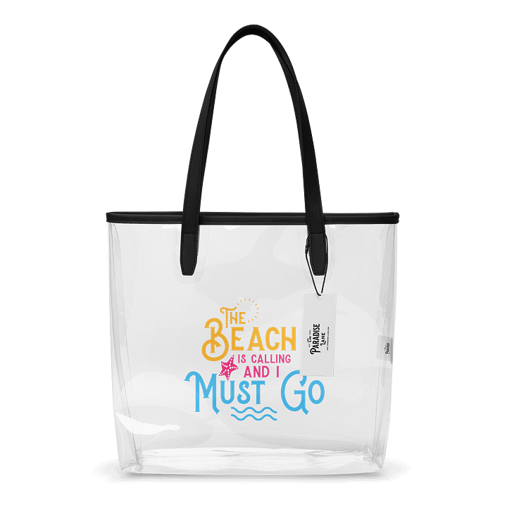 Clear Beach Tote – “The Beach Is Calling and I Must Go” product image (1)