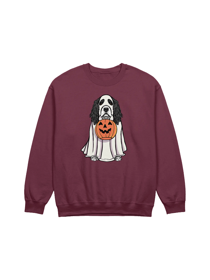 Funny Halloween Cocker Spaniel(Black & White) Sweatshirt | Funny Cocker Spaniel Wearing a Ghost Costume and Holding a Pumpkin Basket product image (1)